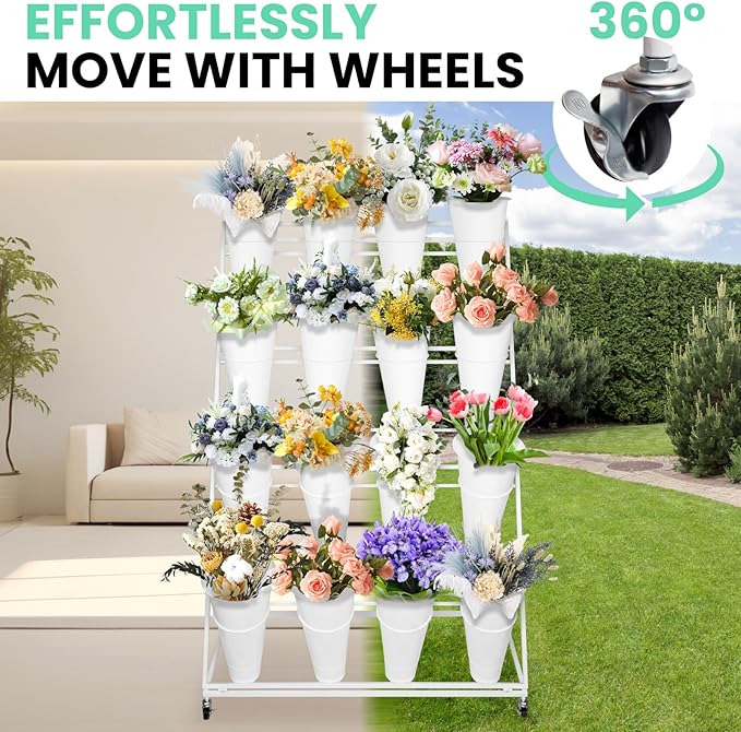 Flower Display Stand with Buckets, 4 Layers 16PCS Buckets Metal Flower Cart Display Stand with Wheels, for Patio Garden, Living Room (4 Layers White Round Bucket)
