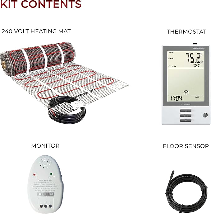 LuxHeat 70 Sqft Mat Kit, 240v Electric Radiant Floor Heating System for Under tile, Stone and Laminate. Kit Includes Alarm, Heated Floor Mat, UDG OJ Microline Programmable Thermostat w/GFCI & Sensor