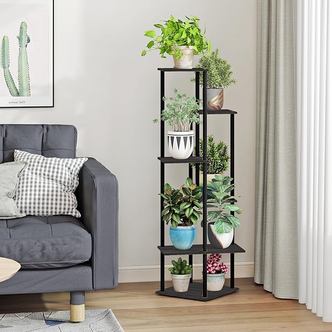 Tall Plant Stand Indoor, 6-Tier Modern Plant Shelf for Multiple Plants, Wood Metal Flower Holder for Living Room Balcony Bedroom, Black