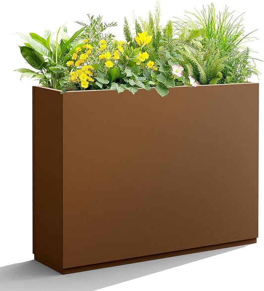 Metal Planter Box Rectangular Planter Box with Drainage Hole, Outdoor Large Planters, All-Weather Use, Rust-Resistance, for Flowers Plants, 35.4" L × 9.1" W × 25.6" H, Brown