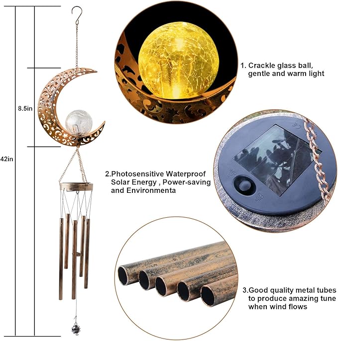 Moon Solar Lights Wind Chimes for Outside Gift for Women Gifts for Mom Grandma Birthday Gifts Large Moon Decor Windchimes Outdoors Gardening Gift for Outdoor Patio Yard Porch Solar Moon Night Lights