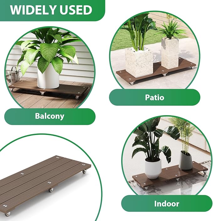 mondaria 2 Pack Plant Caddy with Wheels, 15.7" Wood Plastic Composite Plant Stand, Heavy Duty Square Plant Dolly with Metal 360° Lockable Caster Wheels for Large Plant Pots, Flower Pot ,Dark Brown
