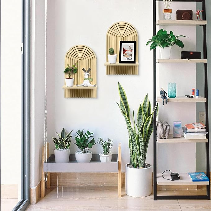 Boho Wall Shelf Set of 2-15 x 8.6 Inch Arched Wooden Hanging Shelves for Living Room & Bedroom - Mid-Century Modern Bohemian Wall Decor (Natural Wood Finish)