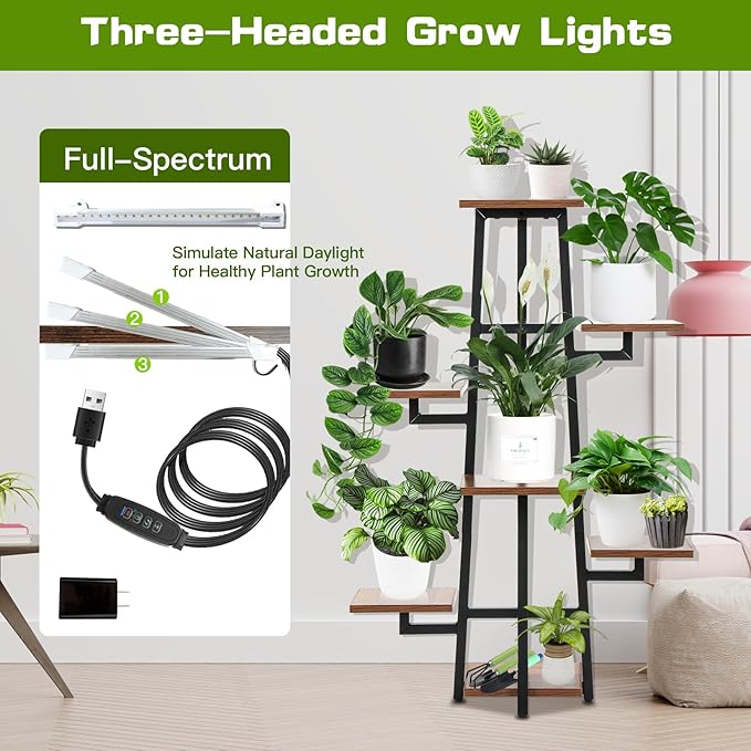 Plant Stand with Grow Light, Plant Shelf with Grow Light, 8-Tiered Metal Plsnt Shelf with Full-Spectrum Grow Lights and 4 Wheels for Multiple Indoor Plants (47.5 Inch High)