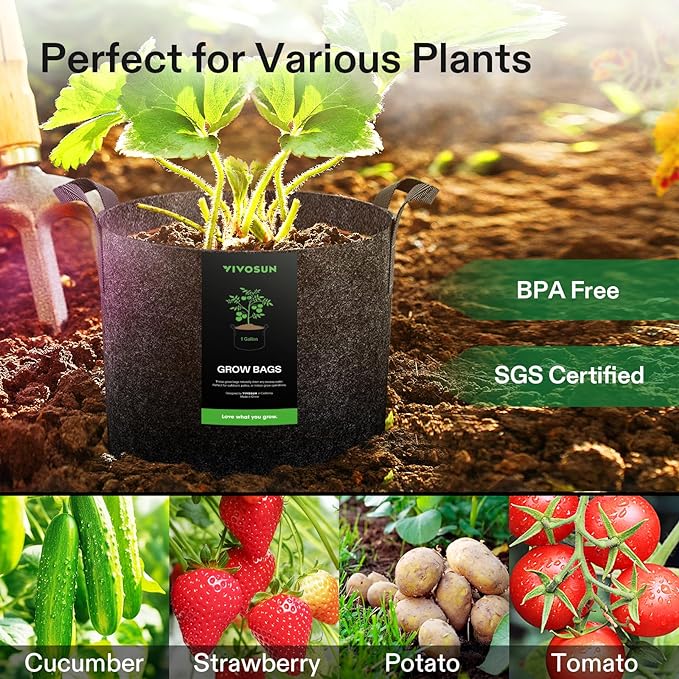 VIVOSUN 10-Pack 1 Gallon Grow Bags, Reinforced Planter Fabric Pots for Gardening Black