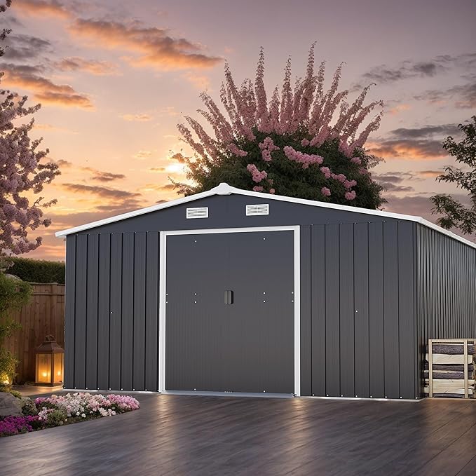 10x12 FT Outdoor Storage Shed, Extra Large Metal Shed with Lockable Doors,Vent & 2 Windows, All-Weather Tool Shed Storage House for Backyard,Garden,Patio, Lawn, Dark Gray