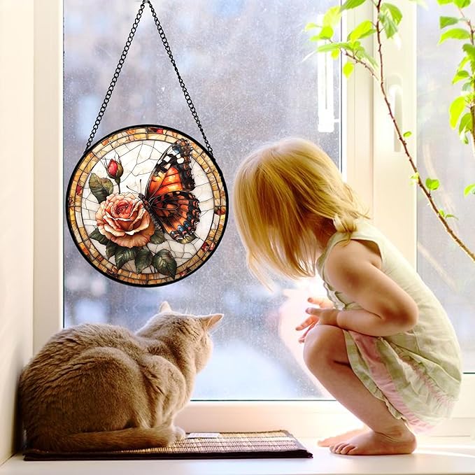 Stained Glass Window Hanging, Butterfly Picking Flowers Suncatcher for Doors Home Sun Catchers Decoration and Christmas, Mother's Day Birthday Gifts for Women, Men, and Mom 11.8x11.8 in