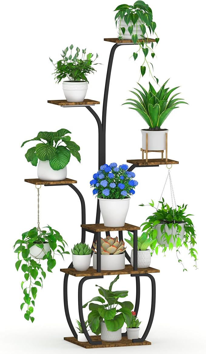 Plant Stand Indoor with Grow lights, 55" Tall 7 Tiered Large Plant Shelf for Indoor Plant Vase-Shape Rack Plant Pot Holder Gardening for Living Room Corner Black