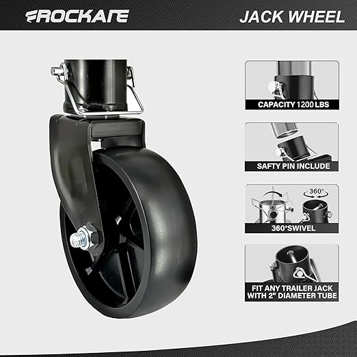 Rockane Black 6'' Black Trailer Jack Swivel Caster Wheel Replacement, Heavy Duty 1200lbs Capacity with Pin for Soft Ground Roll, Fits Any Boat Hitch Camper RV- Black