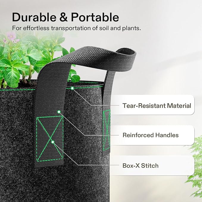 VIVOSUN 20-Pack 2 Gallon Grow Bags, Heavy Duty Thickened Nonwoven Fabric Pots with Handles for Flowers Fruits and Vegetables Black