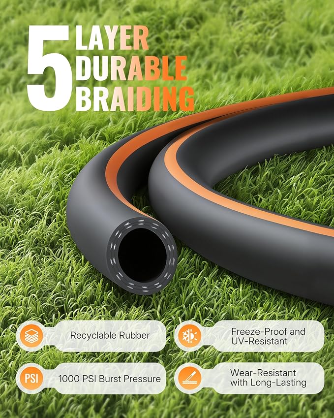 50FT x 5/8" Rubber Rubber Garden Hose, Heavy Duty Garden Water Hose, 300 PSI Working, 1000 PSI Burst, Swivel Handle with Stainless Steel Ring, 5-Layer Braided, All-Weather Outdoor Use