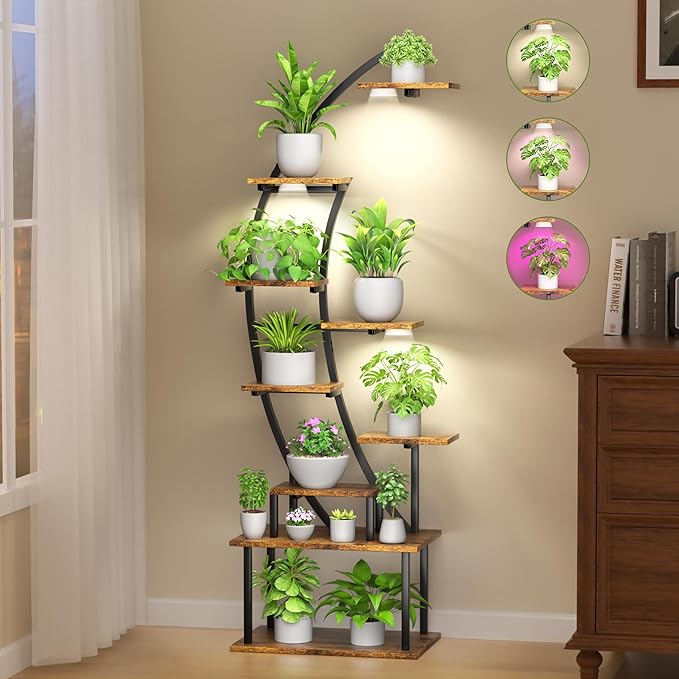 Plant Stand Indoor with Grow Lights, 9 Tier 63" Metal Plant Shelf for Multiple Plants, Tall Plants Shelves Corner Flower Holder, Half Curved Shape Plant Display Rack for Living Room, Balcony, Patio