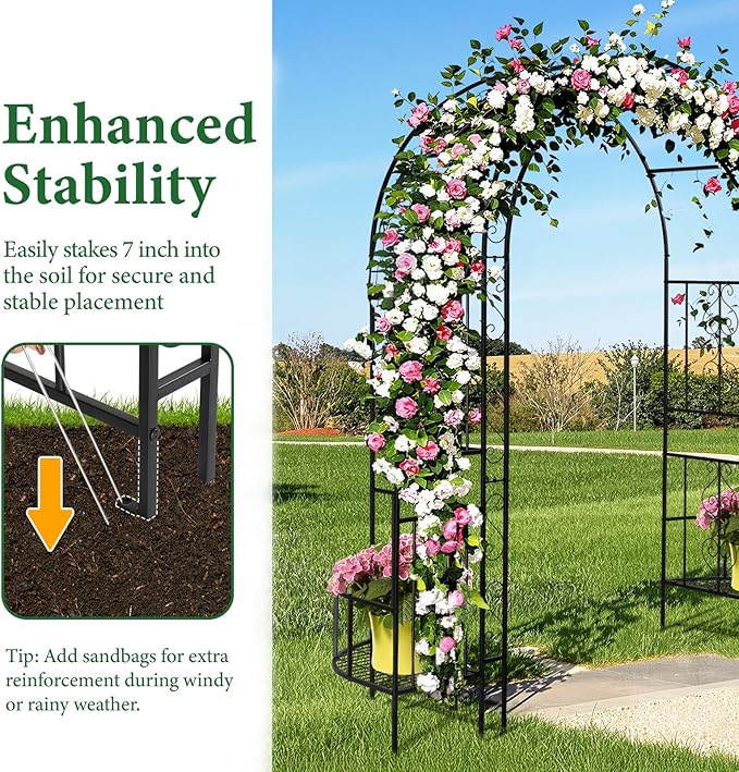 Garden Arbor with Planter Boxes, 7FT Wedding Arches for Ceremony, Metal Garden Arch for Climbing Plants Outdoor, Black Garden Archway for Lawn, Patio and Backyard, Includes Ground Stakes