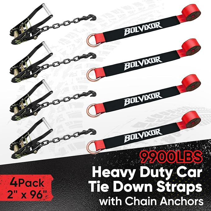4 Pack Car Tie Down Straps for Trailers - 2" x 96" - 9900LBS Break Strength - Tire Ratchet Straps with Heavy Duty Chain Anchors for Hauling UTV, SUV, Truck, Any Cars