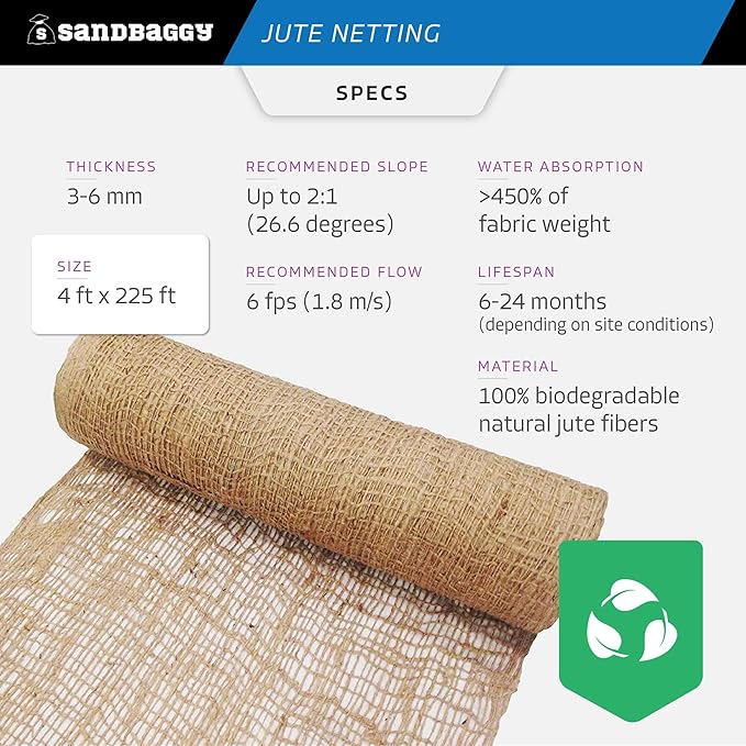 Sandbaggy Jute Netting Roll, 4 ft x 225ft - Biodegradable Erosion Control Blanket for Slopes, Hills & Drainage, Eco-Friendly, Durable Soil Stabilizer, Contractor-Approved for Landscaping (2 Rolls)