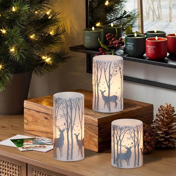 GenSwin Flameless Candles with Timer, Christmas LED Flickering Candles Real Wax with Silver Deer Decals, 3 Pack Pillar Fake Candle for Winter Indoor Fireplace Christmas Decor(D3” x H4”5”6”)