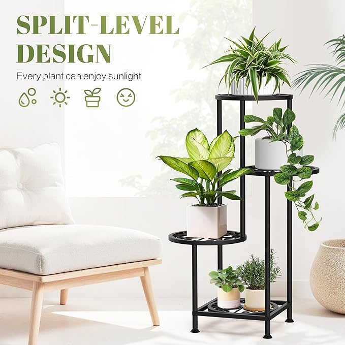 4 Tier Plant Stand Indoor Outdoor, Metal Flower Shelf Display Holder, Multiple Plants Corner Tall Flower Holders for Patio Balcony Porch Garden Living Room (Black)