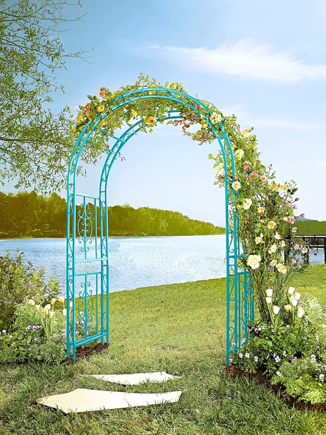Plow & Hearth Arch Metal Outdoor Garden Arbor, 84 inches Tall, Iron Trellis Lattice for Climbing Plants, Wedding Arch, Outdoor Patio Décor (Blue)