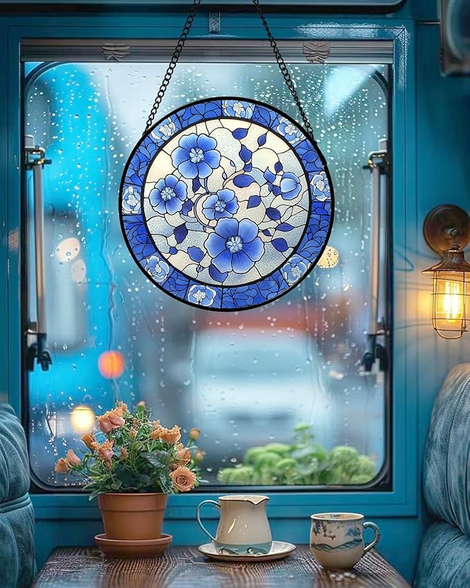 Stained Glass Window Hanging, Blue and White Plum Blossom Sun Catcher for Door Home Decor Flowers Suncatcher Christmas Mother's Day Birthday Gifts for Women Men Mom and Nana 9.8 in