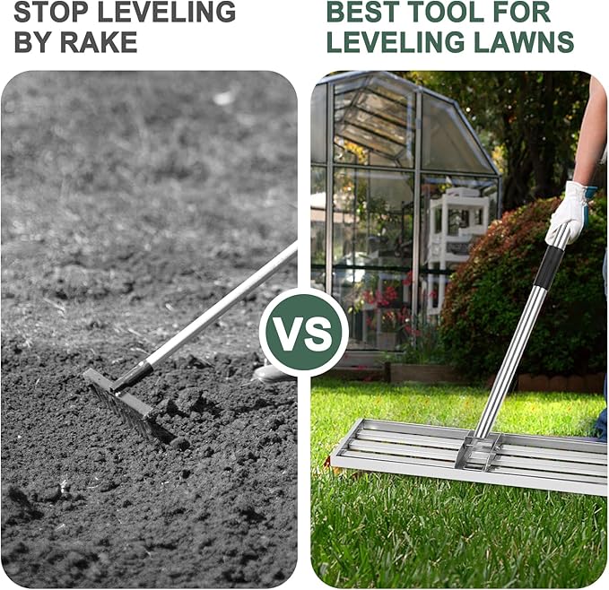 Lawn Leveling Rake 17*10 inch,Stainless Steel Lawn Leveler with 76” Long Handle .Heavy Duty Ground Leveler Tool Leveler Yard Rakes for Spreading Sand, Soil, Seed & Gravel.