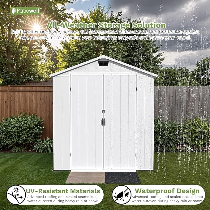 Patiowell 6x8 FT Outdoor Storage Shed with Floor, Resin Garden Tool Shed with Lockable Door & Windows, Weather-Resistant for Lawn Mower, Patio Furniture, Backyard Storage (Light Gray)