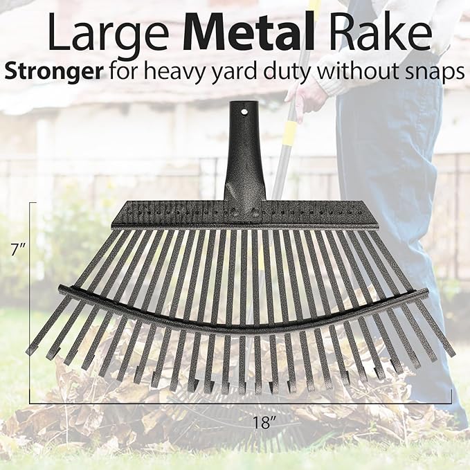 Rake for Leaves, 25 Tines 18" Wide Metal Rake with 32 Gallon Lawn and Leaf Bags & Leaf Scoops for Garden Adult Kids Lawn Shrub Yard Landscape Heavy Duty Long Handle 30-60