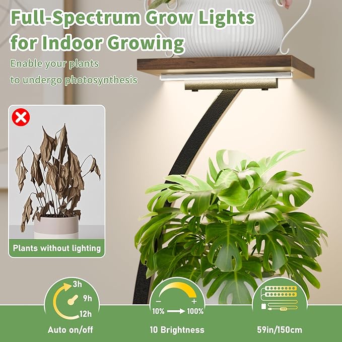 Plant Stand Indoor with Grow Light: 55" Tall Corner Shelf for Multiple Plants, Lighted Plant Stands for Indoor Growing, 6 Tiered S-Shaped Flower Display Stand for Living Room, Patio, Balcony (Black)