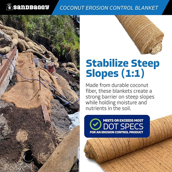 Sandbaggy Coconut Erosion Control Blanket – 3.75 ft x 120 ft Coir Mat for Soil Retention, Slope Stabilization, Plant Growth & Ground Cover – Ideal for Hillsides & DOT Projects - 1 Roll (450 sq ft)
