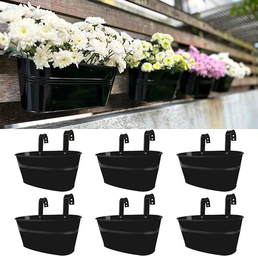 LaLaGreen Rail Planter Outdoor Plants (6 Pack, 9.8 Inch) Small and Cute Black Metal Iron Hanging Flower Pot Deck Railing Fence Buckets Countryside Style Window Box Plant Holder Hooks Porch Decor