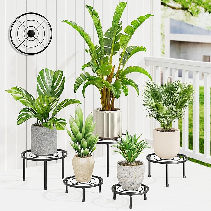 5 Pack Metal Plant Stands for Indoor Outdoor Planters, Flower Pots Stand, Beverage Dispenser Stand, Pumpkin Short Holder Stand for Floor and Tabletop Decoration(BlackCircle)