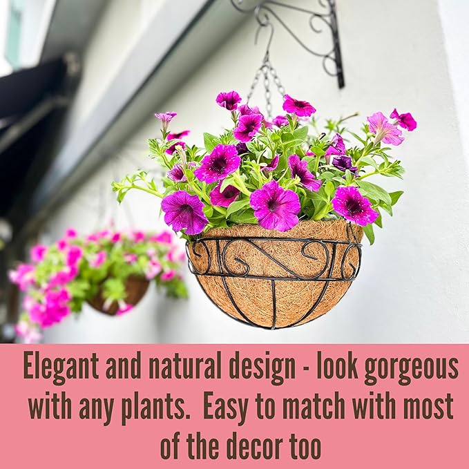 LaLaGreen Hanging Planter for Outdoor Plants (12 Inch, 6 Pack) Hanging Baskets with Coco Liner, Black Metal Wire Flower Basket Pots with Hook Hanger Balcony Porch Farmhouse Country Style Garden Decor