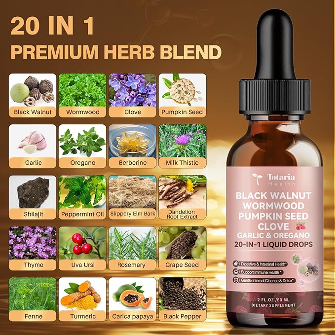 Totaria 2 Pack 20 in 1 Black Walnut Wormwood Tincture - Clove,Pumpkin Seed,Garlic,Oregano,Berberine - Gentle Gut Cleanse & Digestive Health - Alcohol-Free,Gut-Friendly -Raspberry Flavor - 4FL