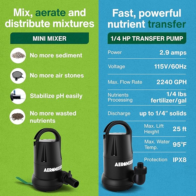 Aeromixer Mini 1/4 HP Submersible Mixing + Aerating Pump with 1/4 HP Water Transfer Pump Bundle - Water Aerator & Garden Utility Pumps, Nutrient Mixing & Aeration Pumps for Farming & Gardening