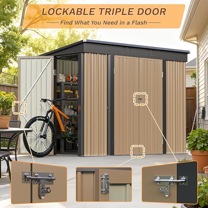 Greesum 8x4FT Outdoor Storage Shed, Metal Shed with Triple Lockable Door, Utility Tool Storaged Garden Shed with Slopping Roof for Patio Storage, Brown