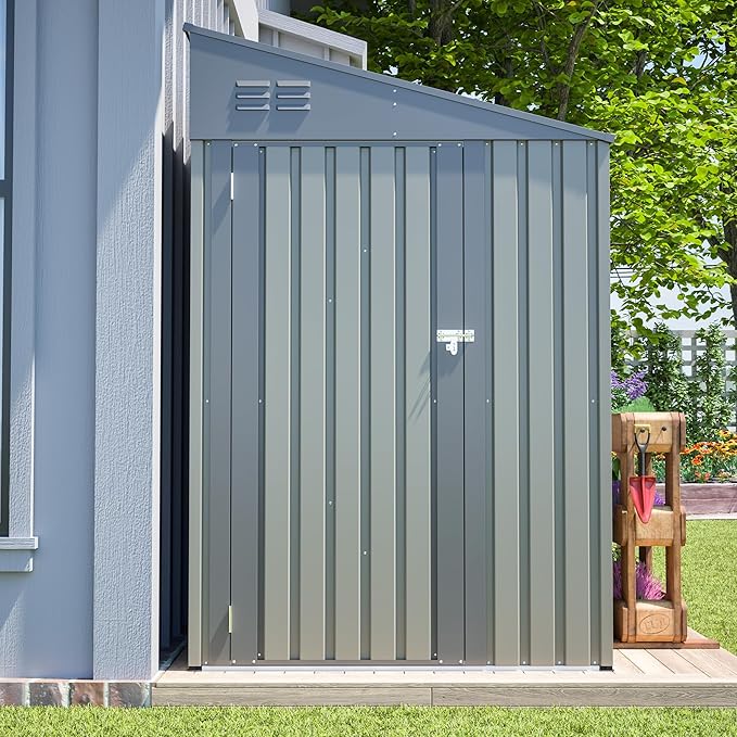 4×7 FT Outdoor Metal Storage Shed,Heavy-Duty Lean to Storage Shed with Lockable Door and Reinforced Beams,All Weather Waterproof Storage House W/2 Air Vents,for Backyard,Patio,Lawn,Gray