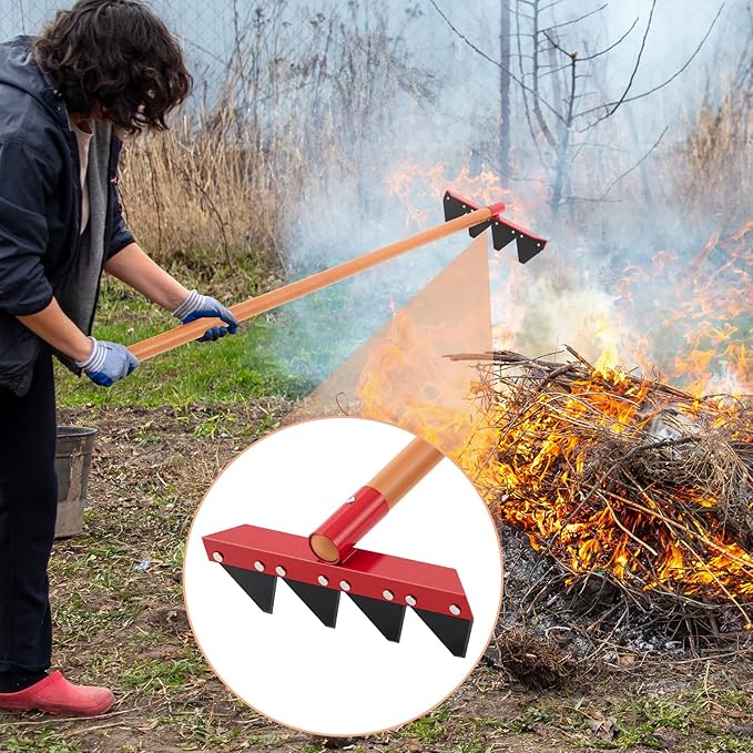 Bucherry 1 Pcs Fire Rake 60 x 12.2 x 3.15 Inches Removable Straight Handle L Fires Rake Tool Ash Wood 4 Wide Tines for Fire Fighting Building Lines Gardening Yard Soil