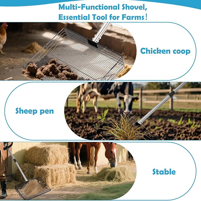 15inch Large Chicken Coop Scooper,Telescoping Chicken Manure Scraper With 38 to 64" Stainless Steel Handle, Adjustable Chicken Shovel For Poultry Rake,Chicken Coop Rake, Chicken Poop Scooper For Sand