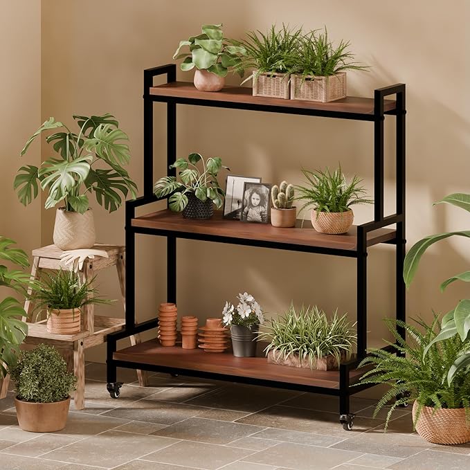 Plant Stand Indoor with Wheels 37” H, Rolling Plant Shelf Rack Outdoor,Metal Plant Stand with Solid Wood for Multiple Plants,Industrial Ladder Plant Flower Shelf for Garden,Living Room,Walnut