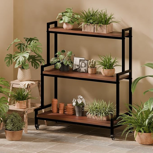 Plant Stand Indoor with Wheels 37” H, Rolling Plant Shelf Rack Outdoor,Metal Plant Stand with Solid Wood for Multiple Plants,Industrial Ladder Plant Flower Shelf for Garden,Living Room,Walnut