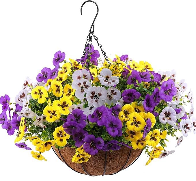 Artificial Fake Pansy Flowers for Outdoor, Faux Silk Pansies Spring Flowers for Outside for Planter Front Door Porch Yard Patio Window Box Home Decor (18, Purple, Yellow, White)