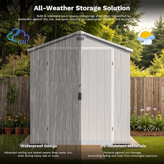 Patiowell 6X6 FT Outdoor Storage Shed with Lockable Door and Floor - Resin Garden Tool Shed with Window, Waterproof Easy Assembly for Backyard, Lawn, Patio Furniture Storage (Light Grey)