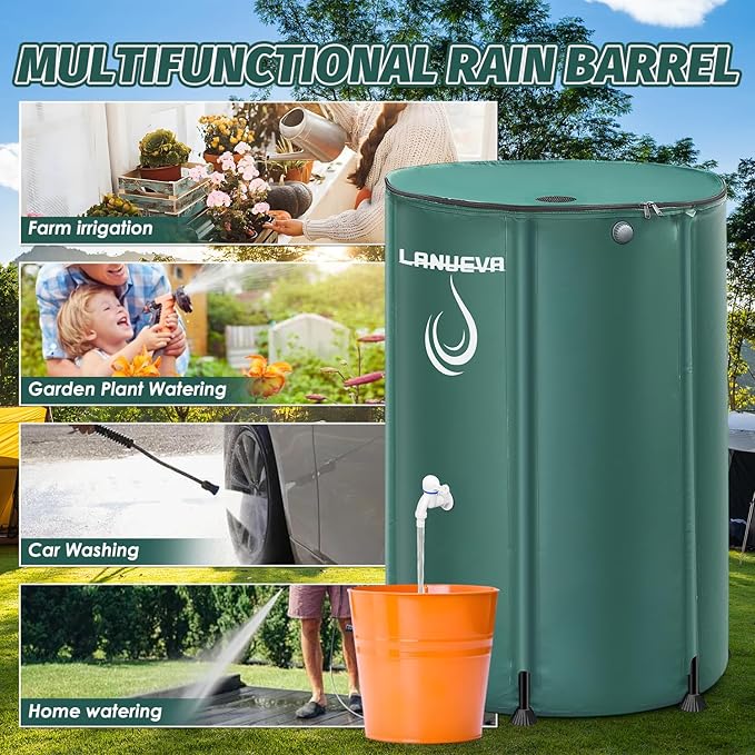 LANUEVA 66 Gallon Collapsible Rain Barrel, Rainwater Collection System with 2 Spigots, Overflow Kit and 2 Hoses, Portable Water Storage Tank with Scale Mark for Garden Plant Watering, Farm Irrigation