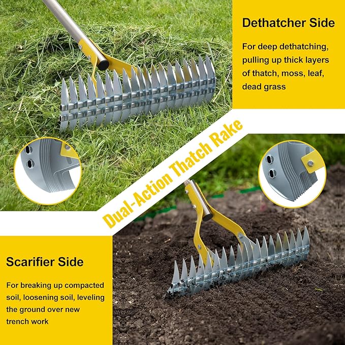 Garden Leaf Rake: Dual Function Thatching Rake for Lawn Dead Grass Leaves, Stainless Steel Heavy Duty 69” Lawn Dethatcher with Sharp 19 Tines, Fast Weeds, Leaf, Thatch, Dead Grass Removal Garden Tool
