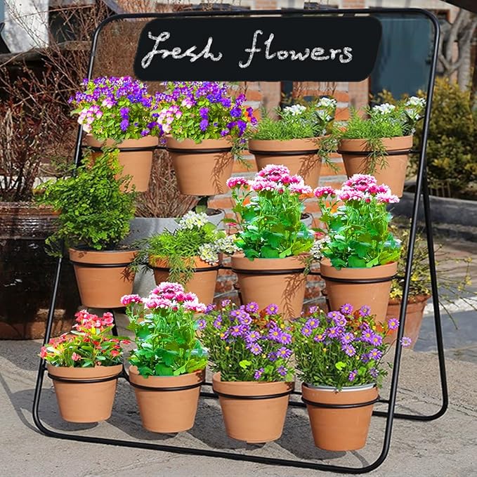 Flower Display Stand with Blackboard & 12 pcs Buckets , 3 Layers Metal Flower Cart, Plant Holder Rack for Indoor, Outdoor Patio Garden, Living Room, Florist, Ideal for Flower Shops