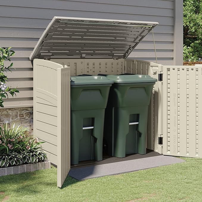 Suncast 2 Pack 34 Cu Ft Capacity Horizontal Outdoor Storage Shed for Garbage Cans, Garden Accessories, Backyard, and Patio Use, Vanilla