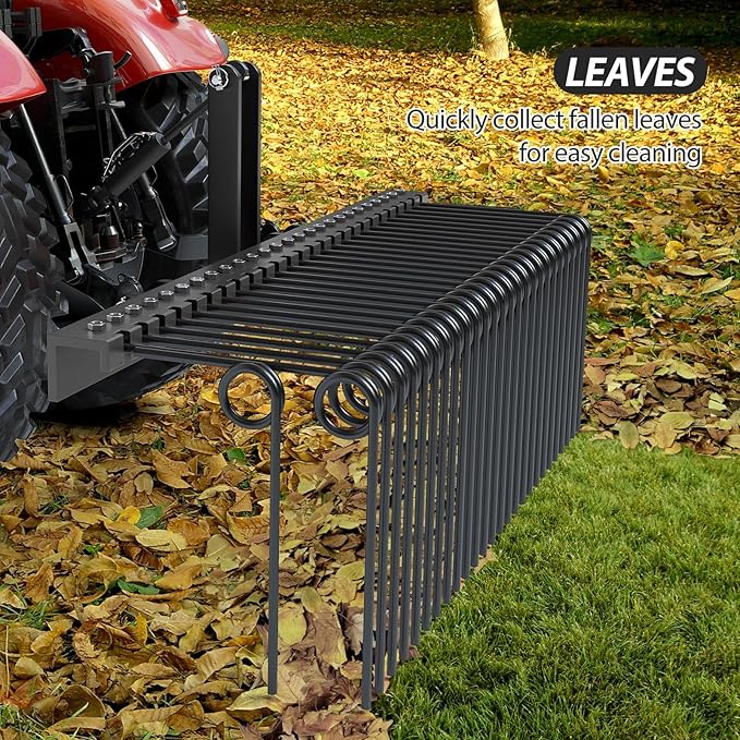 60" Durable Powder Coated Steel Pine Straw Rake, Steel Spring Landscape Rake for Leaves, Pine Needles, Straw, and Grass Attaches to Cat 0 Cat 1,3 Point Hitch Tractor, Black