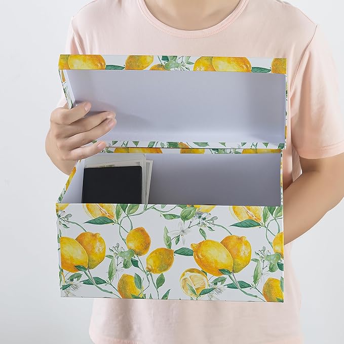 Soul & Lane Decorative Cardboard Storage Boxes with Lids for Home Decor and Organization, Set of 3 Large Keepsake Boxes for Memories & Gifts, Nesting Floral Photo Storage Containers, Zesty Lemons