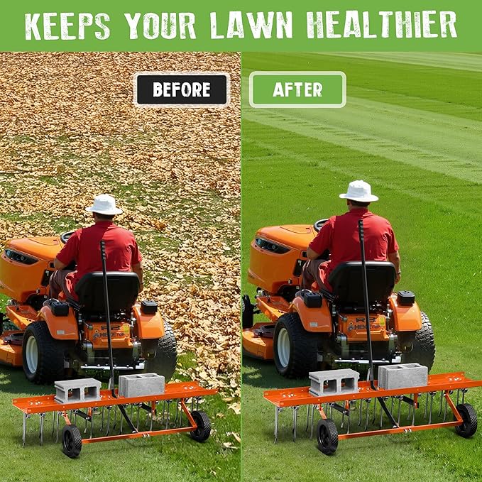 40" Tow-Behind Dethatcher with 20 Spring Steel Tines, Pull Behind Lawn Tractor Mower Grass Rake for Yard, Garden, and Farm Care – Removes Thatch, Leaves, and Pine Needles-Orange