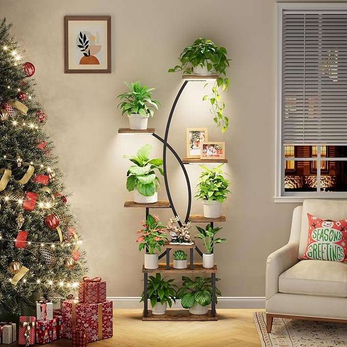 JUSTOGO Plant Stand Indoor with Grow Light, 8 Tiered Tall Plant Shelf for Indoor Plants Multiple, 65" Large Corner Plant Stands, Metal Curved Flower Holder Display Rack for Living Room, Patio, Balcony