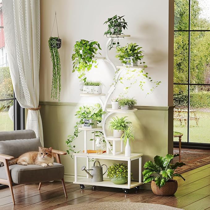 PRAISUN 63.6 Inch Plant Stand with Grow Lights, 9 Tiered Indoor Plant Shelf with Larger Flower Holder, Curved-tubed Design, 3 Light Modes, Movable Wheels, Corner Plant Rack for Living Room, White